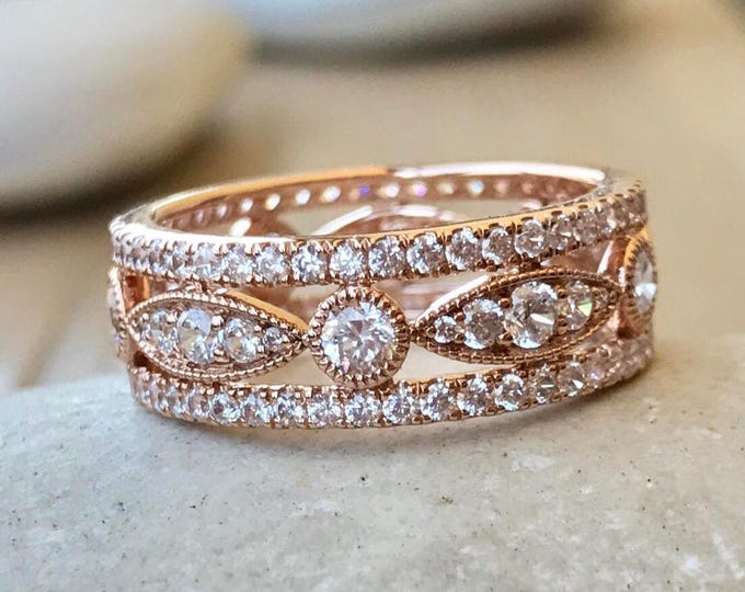 Vintage Wedding Band Rose Gold- Women Diamond Simulant Eternity Band- Three Tier Deco Colorless Band