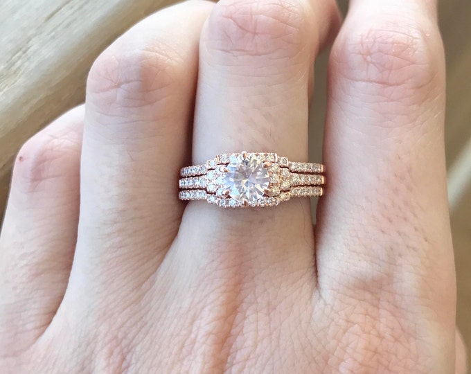 Round White Sapphire 6 Prong Ring Set- Genuine White Sapphire Engagement Ring Set- Alternative Bridal Set Ring- Deco 1 Carat Three Ring Set