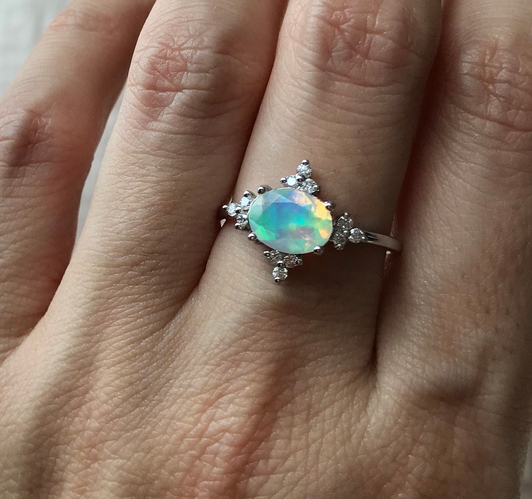 Oval Opal Diamond Engagement Ring- Natural Genuine Opal Promise ...