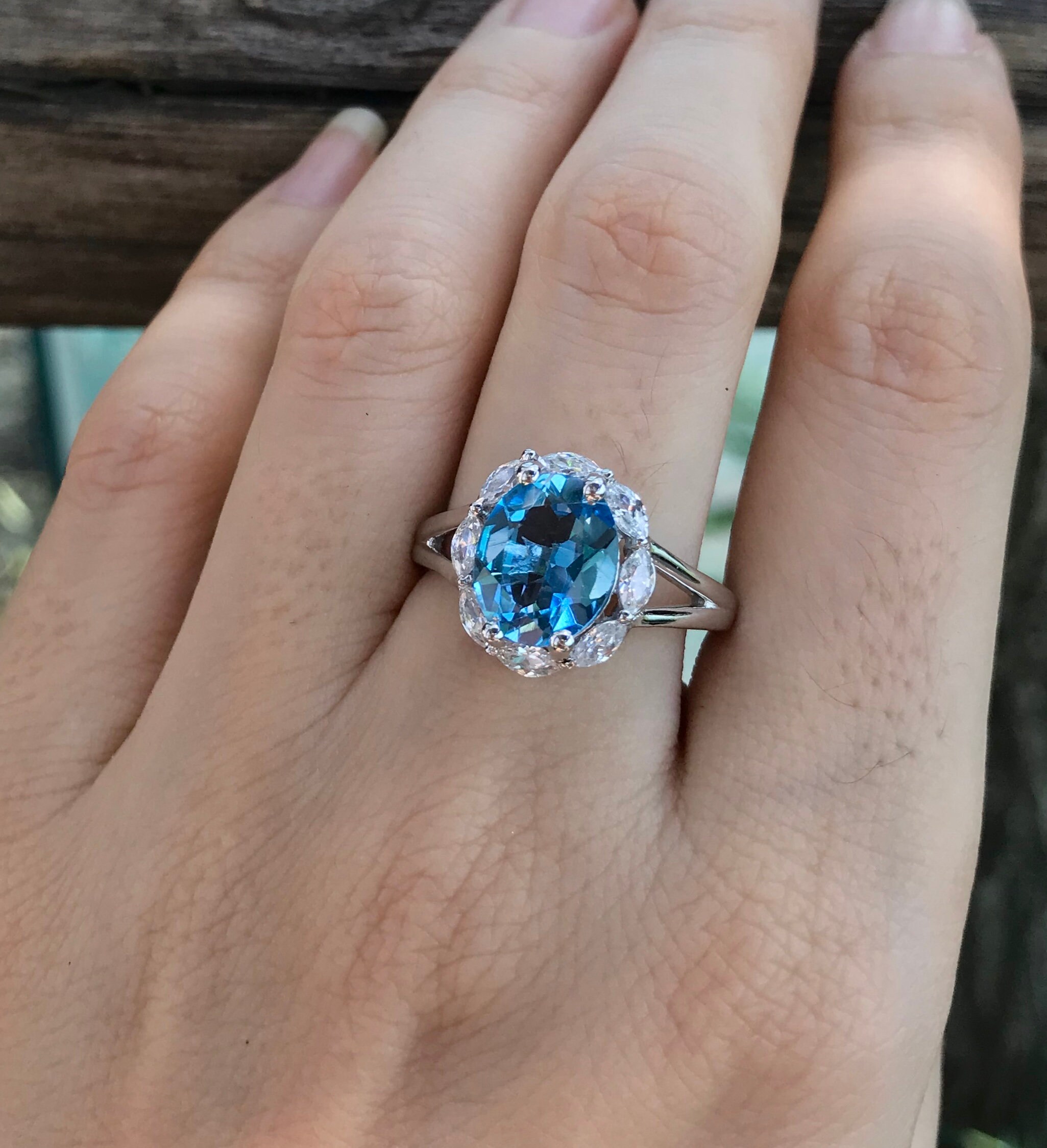 Swiss Blue Topaz Halo Solitaire Ring- Oval Blue Topaz Anniversary Split