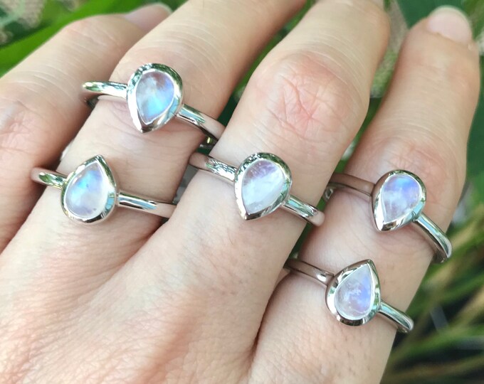 Genuine Moonstone Stackable Pear Dainty Ring- Tiny Rainbow Moonstone Silver Ring- Teardrop Moonstone Simple Ring- June Birthstone Ring