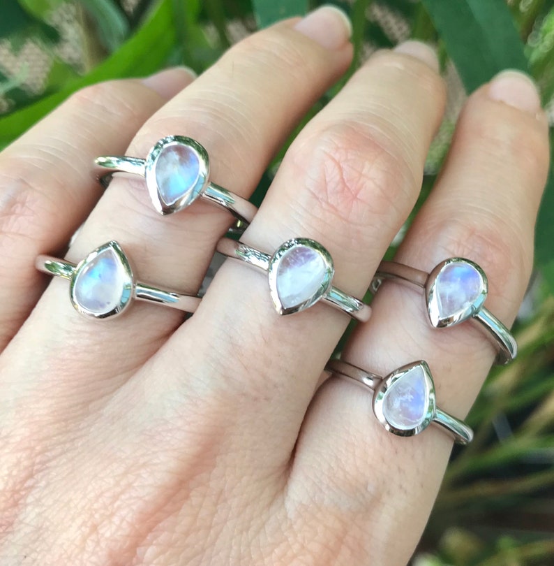 June Birthstone Ring Bohemian Simple Ring Teardrop Moonstone Ring Tiny Rainbow Moonstone Silver Ring Moonstone Stackable Pear Ring