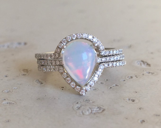 Genuine Pear Opal Halo Engagement 3 Ring- 1ct Natural Rainbow Bridal Ring Set- Large Teardrop Cabochon Opal Diamond October Birthstone Ring