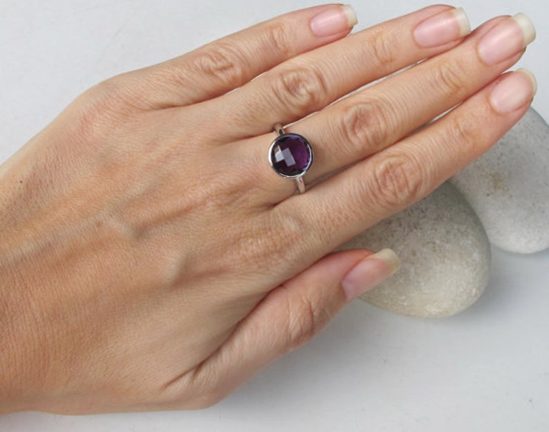 Simple Purple Amethyst Ring Round Amethyst Ring Purple Stone Ring Faceted Stone Ring Sterling Silver Ring February Birthstone Ring image 5