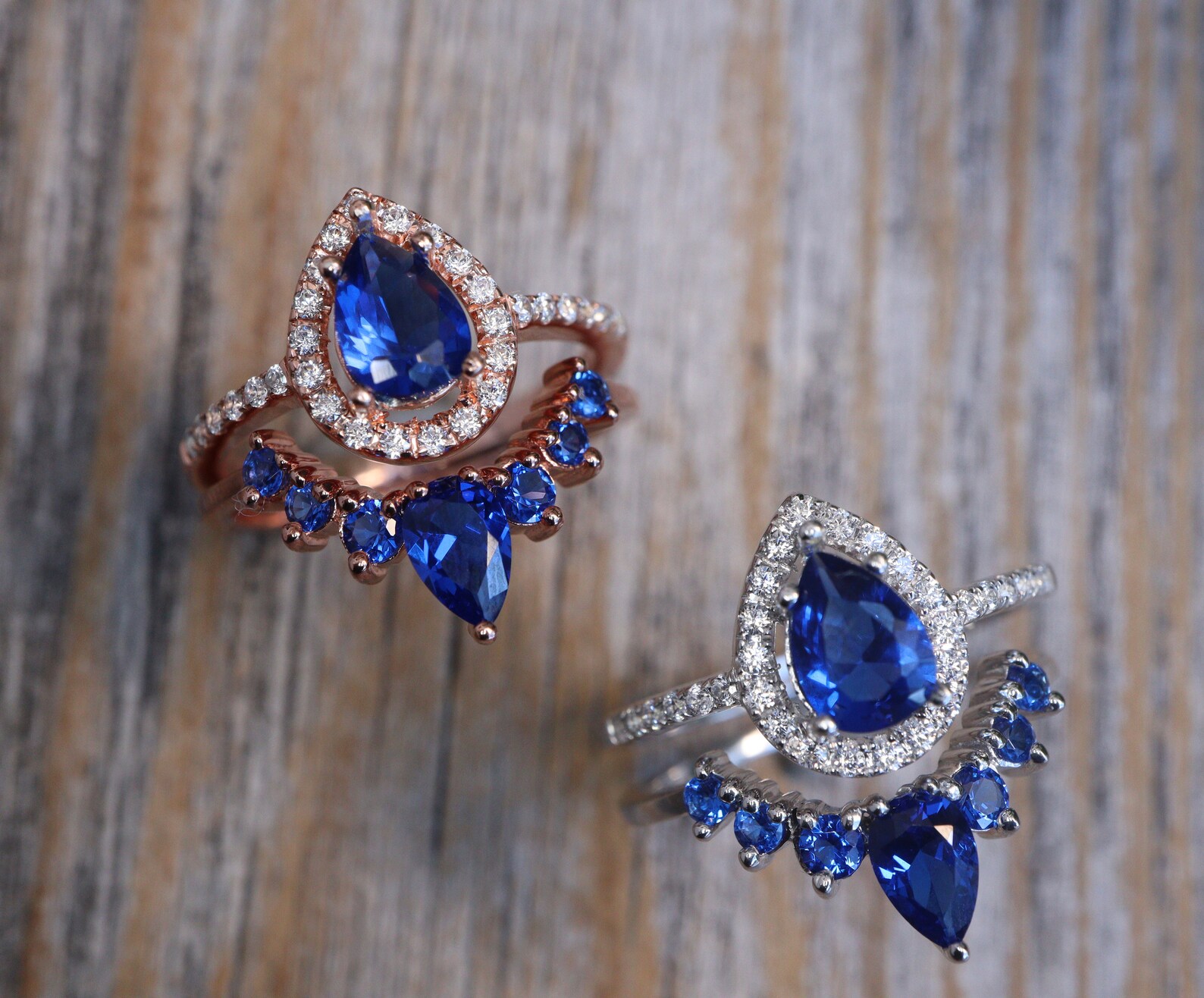 Teardrop Blue Sapphire Engagement Silver Ring Set Pear Halo Dark Blue ...