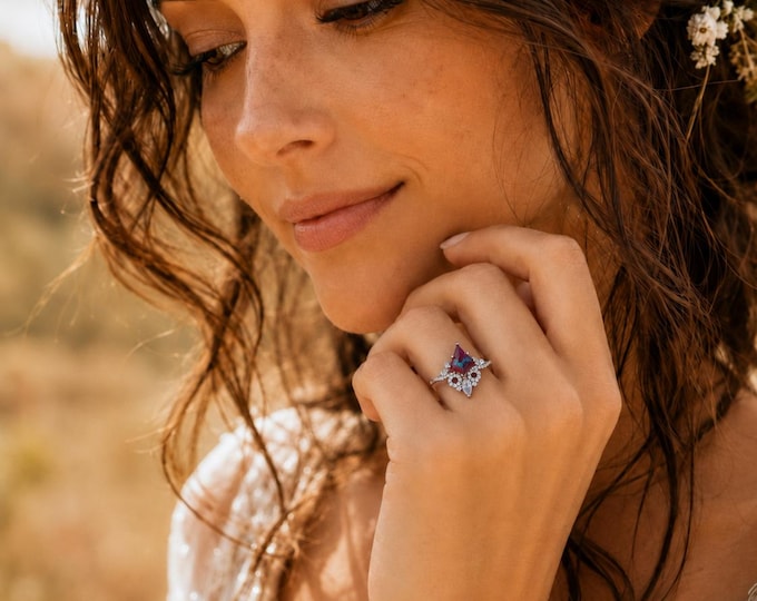 Kite Purple Blue Alexandrite Color Change Sterling Silver Solitaire Ring with Half Halo