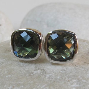 Green Quartz Stud Square Earring- Forset Green Topaz Silver Earring- Green Cushion Earring- Facet Green Bezel Stud Earring