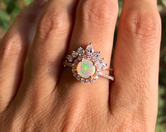 Opal Engagement Vintage Ring Set- Halo Opal Promise Ring with Band- Round Genuine Opal Deco Bridal Ring Set- Welo Opal Anniversary Ring-