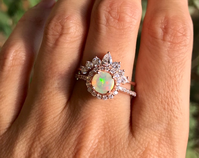 Opal Engagement Vintage Ring Set- Halo Opal Promise Ring with Band- Round Genuine Opal Deco Bridal Ring Set- Welo Opal Anniversary Ring-