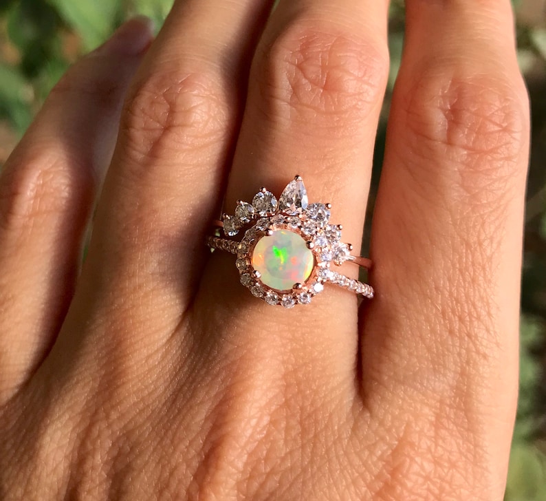 Opal Engagement Vintage Ring Set- Promise Elegant Halo Ba with service