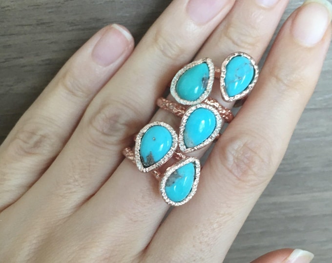 Rose Gold Boho Ring- Pear Turquoise Rustic Ring- December Birthstone Bohemian Ring- Turquoise Statement Ring- Genuine Blue Turquoise Ring