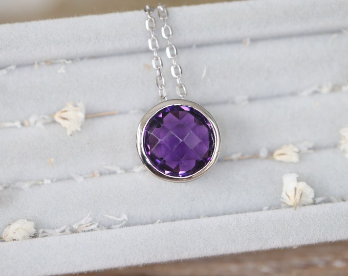 Purple Amethyst Round Sterling Silver Slider Necklace- February Birthstone Bezel Necklace- Dark Purple Gemstone Necklace for Her