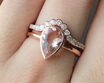 Vintage Genuine Morganite Rose Gold Engagement Ring Set- Teardrop Natural Morganite Bridal Ring Set -Pear Morganite Diamond Wedding 2 Rings