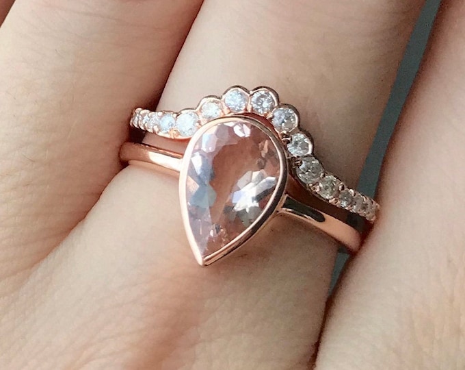 Vintage Genuine Morganite Rose Gold Engagement Ring Set- Teardrop Natural Morganite Bridal Ring Set -Pear Morganite Diamond Wedding 2 Rings