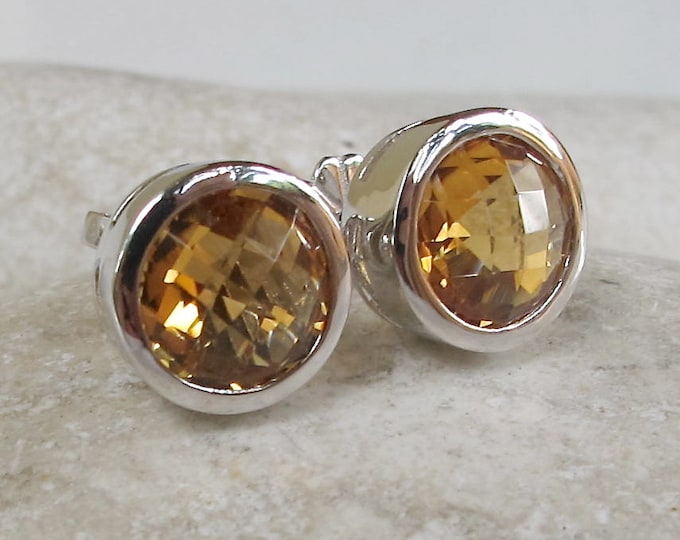 Citrine Round Stud Earring- Yellow Topaz Silver Earring- Simple Yellow Stone Earring- November Birthstone Earring-Orange Gemstone Earring