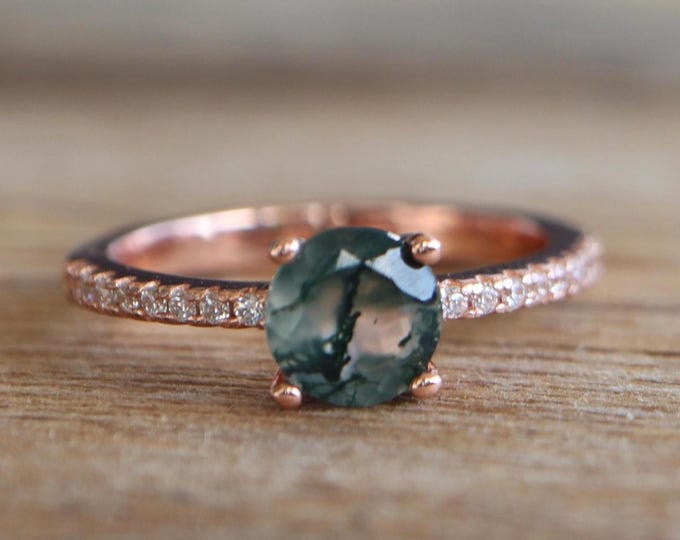 Round Moss Agate Promise Dainty Ring for Her- Simple Natural 6mm Moss Agate Engagement Ring-Genuine Green Gemstone Solitaire Four Prong Ring