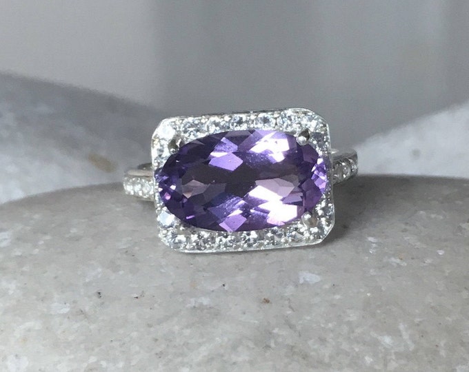 Oval Purple Amethyst Engagement Ring- East West Amethyst Solitaire Ring- Halo Genuine Purple Gemstone Ring- February Birhtstone Ring