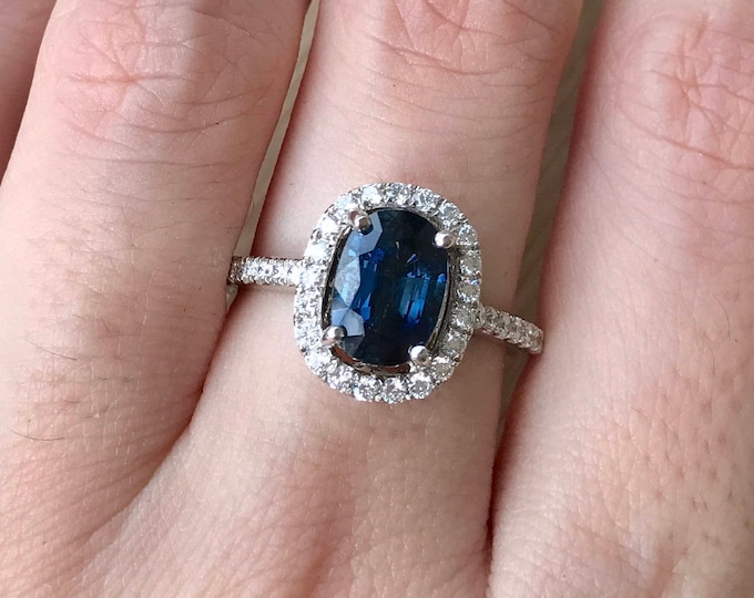 Certified 1.73ct Blue Sapphire Elongated Oval Engagement Ring- Genuine Dark Blue Sapphire White Gold Ring- Sapphire Diamond Anniversary Ring