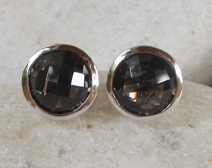 Classic Smoky Quartz Stud- Round Brown Stud Earring- Simple Dark Brown Stud Bezel Earring- Gifts for Bridesmaid- Jewelry Gifts for Her