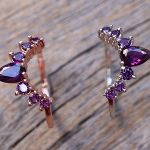 Amethyst Curve Wedding Sterling Silver Band- Purple Amethyst Enhancer Guard Rose Band- Dark Purple V Chevron Half Circle Gold Plated Band