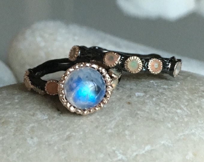 Moonstone Bridal Set Ring with Opal Accent- Tree Branch Statement Black Ring- June October Birthstone Ring- Unique Gemstone Wedding Band