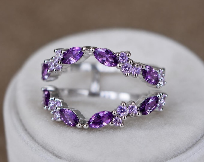 Marquise Purple Amethyst Cluster Vintage Curve Wedding Sterling Silver Band
