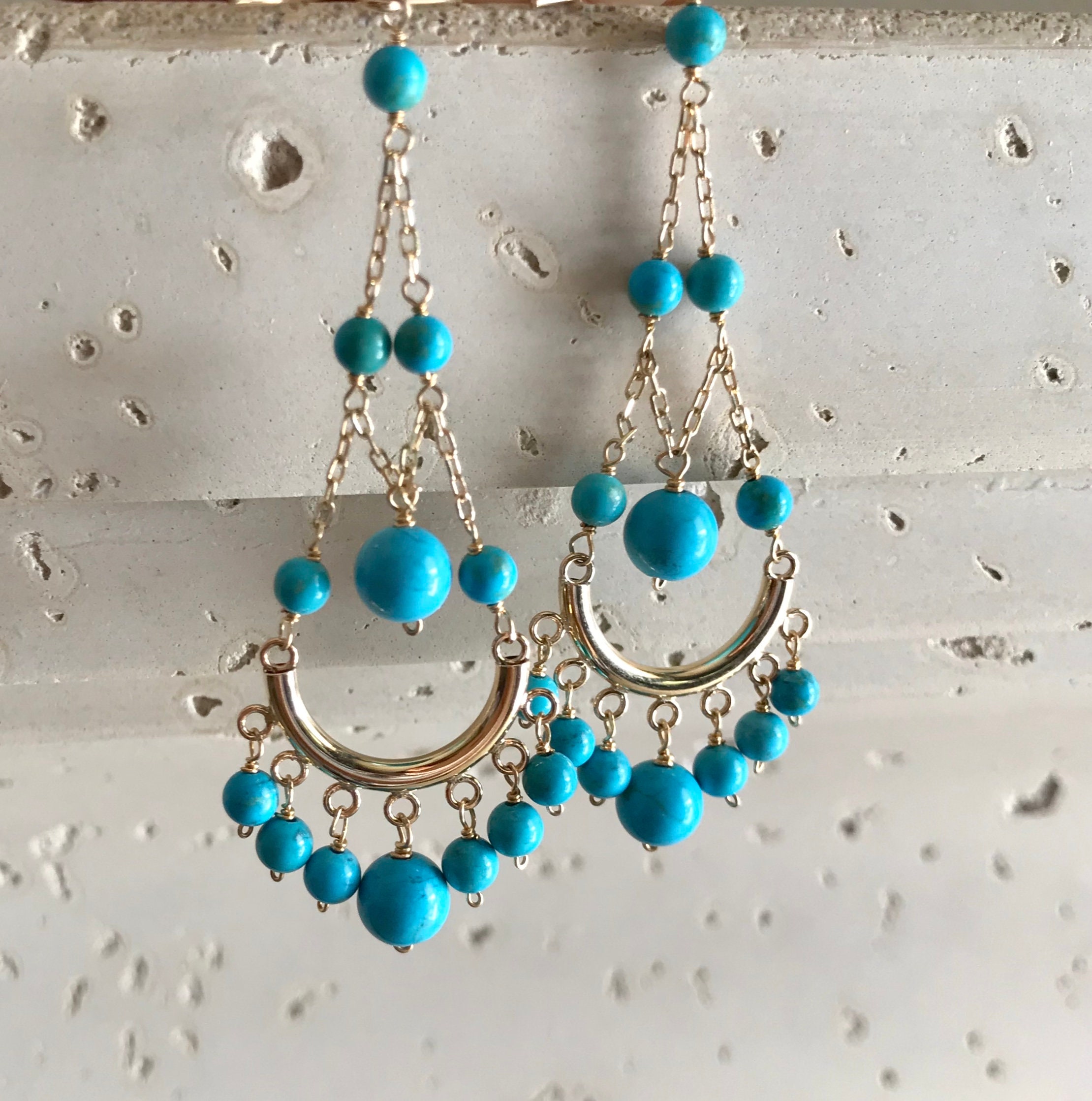 Turquoise Dangle Bead Long Earrings 14k Gold Gemstone Chandelier