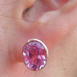 Oval Pink Cubic Zirconia Earring Pink Quartz Stud Bezel Earring Pink Topaz Silver Earring Rose Plated Gold Plated Stud Earring image 5