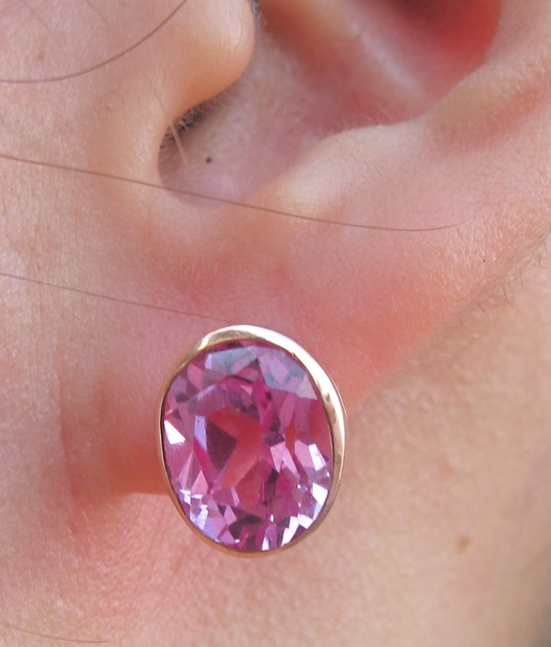 Oval Pink Cubic Zirconia Earring Pink Quartz Stud Bezel Earring Pink Topaz Silver Earring Rose Plated Gold Plated Stud Earring image 5