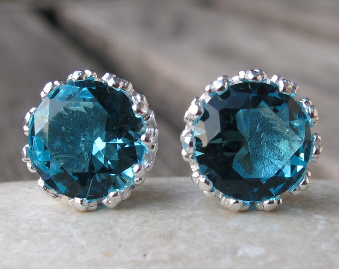 Round Dark Blue Topaz Earring- Blue Quartz Bezel Silver Stud Earring- Minimalist Simple Blue Earring- Sterling Silver Earring