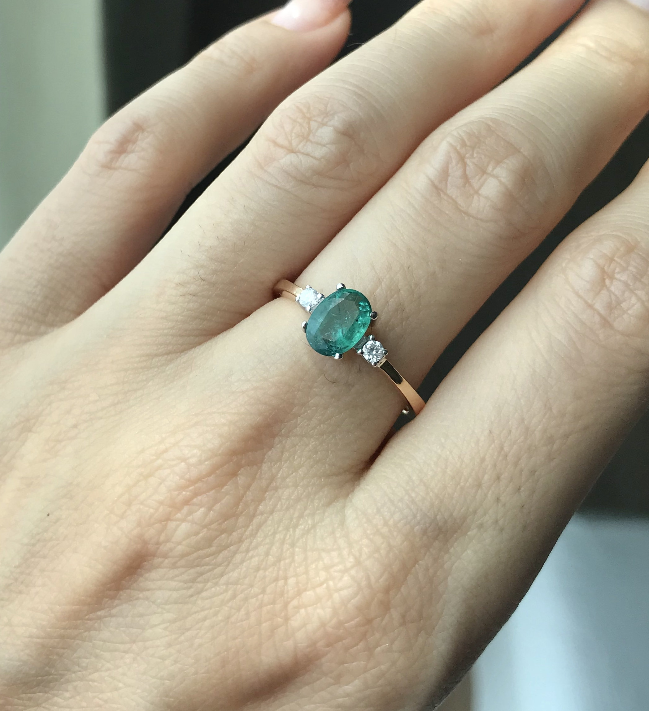 Oval Emerald Three Stone Engagement Ring Genuine Emerald Promise Ring for Her Two Tone Gold