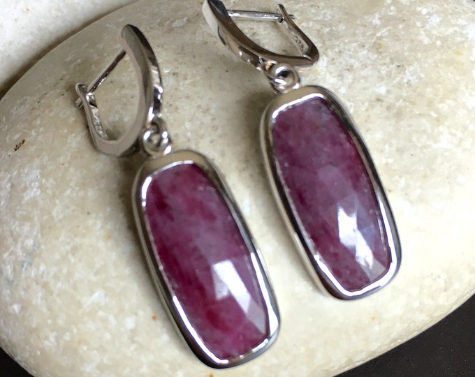 Genuine Ruby Earring Raw Ruby Long Dangle Earring July Birthstone Earring Drop Silver Sterling Ruby Real Earring Rectangle