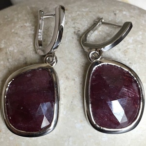 Dark Genuine Ruby Earring Raw Natural Handmade Dangle Red Ruby Earring July Birthstone Sterling Silver Earring