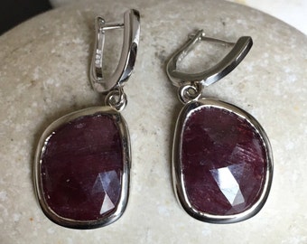 Dark Genuine Ruby Earring Raw Natural Handmade Dangle Red Ruby Earring July Birthstone Sterling Silver Earring