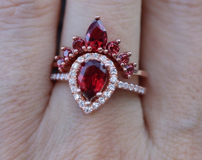 Teardrop Red Garnet Halo Engagement Sterling Silver 2 Ring Set