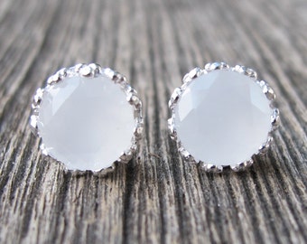 Boho White Moonstone Stud- Round White Stud Earring- Bohemian Bridal Earring- Classic Wedding Engagement Earring- Sterling Silver Earring