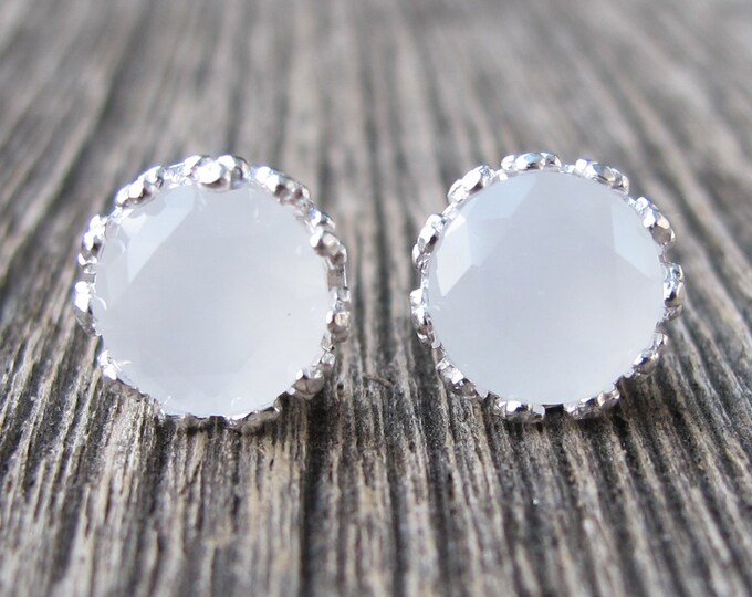 Boho White Moonstone Stud- Round White Stud Earring- Bohemian Bridal Earring- Classic Wedding Engagement Earring- Sterling Silver Earring