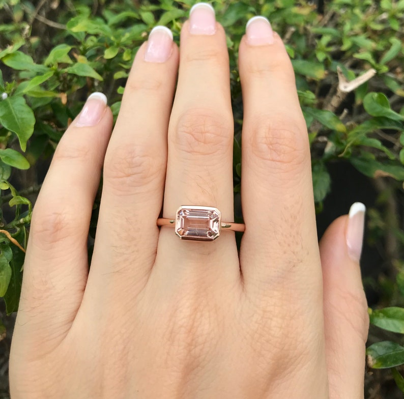 1.50ct Rectangle Natural Morganite Ring Genuine Morganite Emerald Cut Engagement Ring-East West Morganite Solitaire Minimalist Bezel Ring image 4