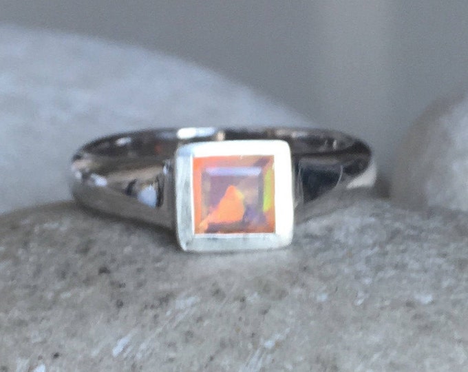 Princess Opal Silver Ring- Simple Opal Dainty Square Ring- Genuine Yellow Opal Anniversary Ring- October Birthstone Ring