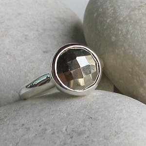 Rustic Pyrite Silver Ring- Round Metallic Sparkle Ring- Faceted Gold Color Ring- Unique Gemstone Statement Ring-Sterling Silver Minimal Ring