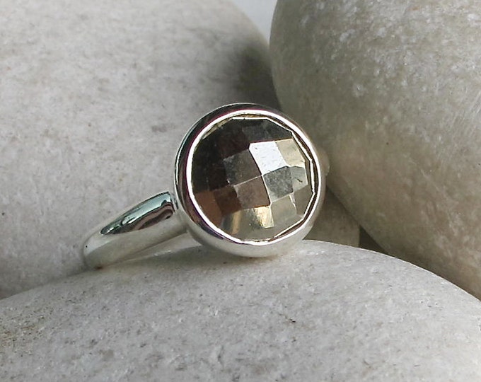 Rustic Pyrite Silver Ring- Round Metallic Sparkle Ring- Faceted Gold Color Ring- Unique Gemstone Statement Ring-Sterling Silver Minimal Ring