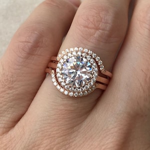 3.70ct Cubic Zirconia Round Bridal Ring Set- Diamond Simulant Halo Engagement Wedding Ring Set- 3 Piece Silver Rose Gold Ring Set