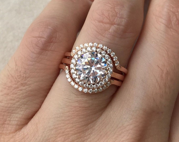 3.70ct Cubic Zirconia Round Bridal Ring Set- Diamond Simulant Halo Engagement Wedding Ring Set- 3 Piece Silver Rose Gold Ring Set