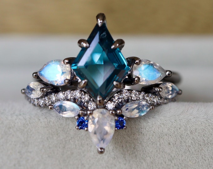 Kite London Blue Topaz and Genuine Moonstone Anniversary Ring Set- Marquise Pear Natural Blue Moonstone Dark Blue Engagement 2 Rings