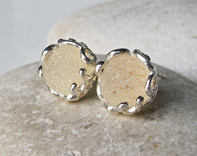 Beige Druzy Stud Earring- Round Classic Earring- Sterling Silver Earring- Bridesmaid Stud Earring- Jewelry Gifts for Her- Gift for Wife