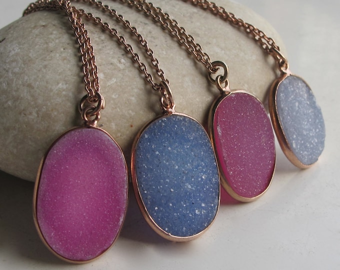 Oval Sparkly Pink Druzy Rose Gold Necklace-Genuine Natural Blue White Bezel Necklace-Simple Everyday Minimalist Necklace-Gifts for Friends