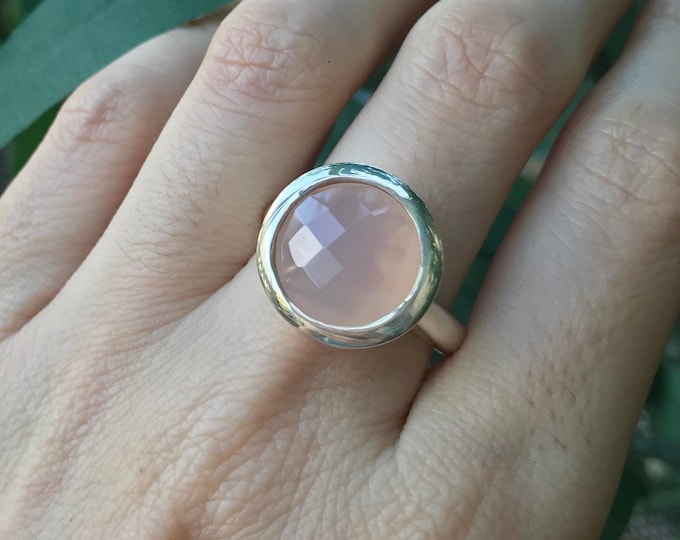 Pink Chalcedony Round Solitaire Ring- Pink Gemstone Engagement Ring- Large Pink Statement Ring- Pink Facet Bezel Promise Ring for Her