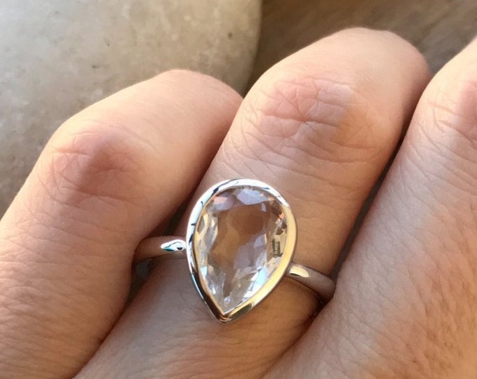 Simple Engagement Ring- Pear Shape White Topaz Promise Ring- White Gemstone Bridal Ring- White Stone Solitaire Ring- April Birthstone Ring