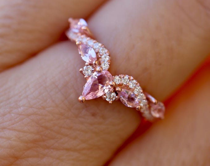 Marquise Pink Morganite and Moissanite Sterling Silver Deco Wedding Band