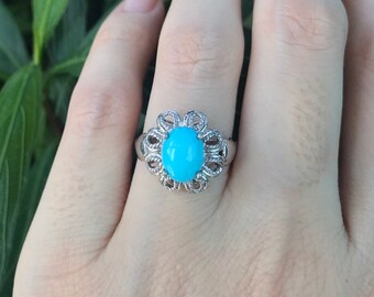 Blue Turquoise Engagement Floral Ring- Turqoise Promise Oval Genuine Ring- December Birthstone Ring- Sterling Silver Cabochon Turquoise Ring